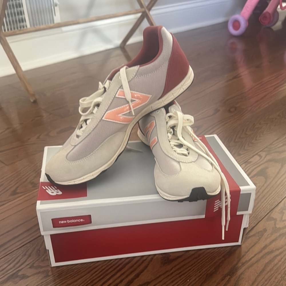 New Balance Cream and Red Athletic Shoes